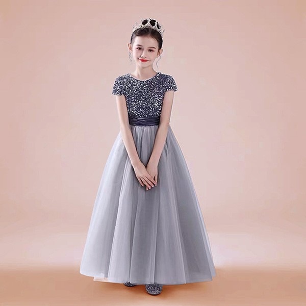 ピアノ発表会 ドレス 中学生 ワンピース ジュニアドレス 七五三 キッズドレス 子供ドレス グリーン グレー ネイビー ピンク ブルー ワインレッド 結婚式 スパンコール 半袖 プリンセス 150 1