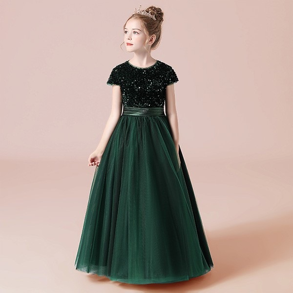 ピアノ発表会 ドレス 中学生 ワンピース ジュニアドレス 七五三 キッズドレス 子供ドレス グリーン グレー ネイビー ピンク ブルー ワインレッド 結婚式 スパンコール 半袖 プリンセス 150 1