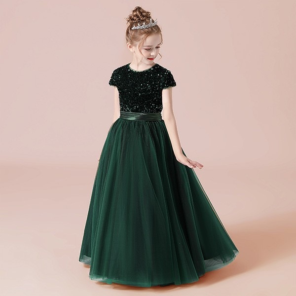 ピアノ発表会 ドレス 中学生 ワンピース ジュニアドレス 七五三 キッズドレス 子供ドレス グリーン グレー ネイビー ピンク ブルー ワインレッド 結婚式 スパンコール 半袖 プリンセス 150 1