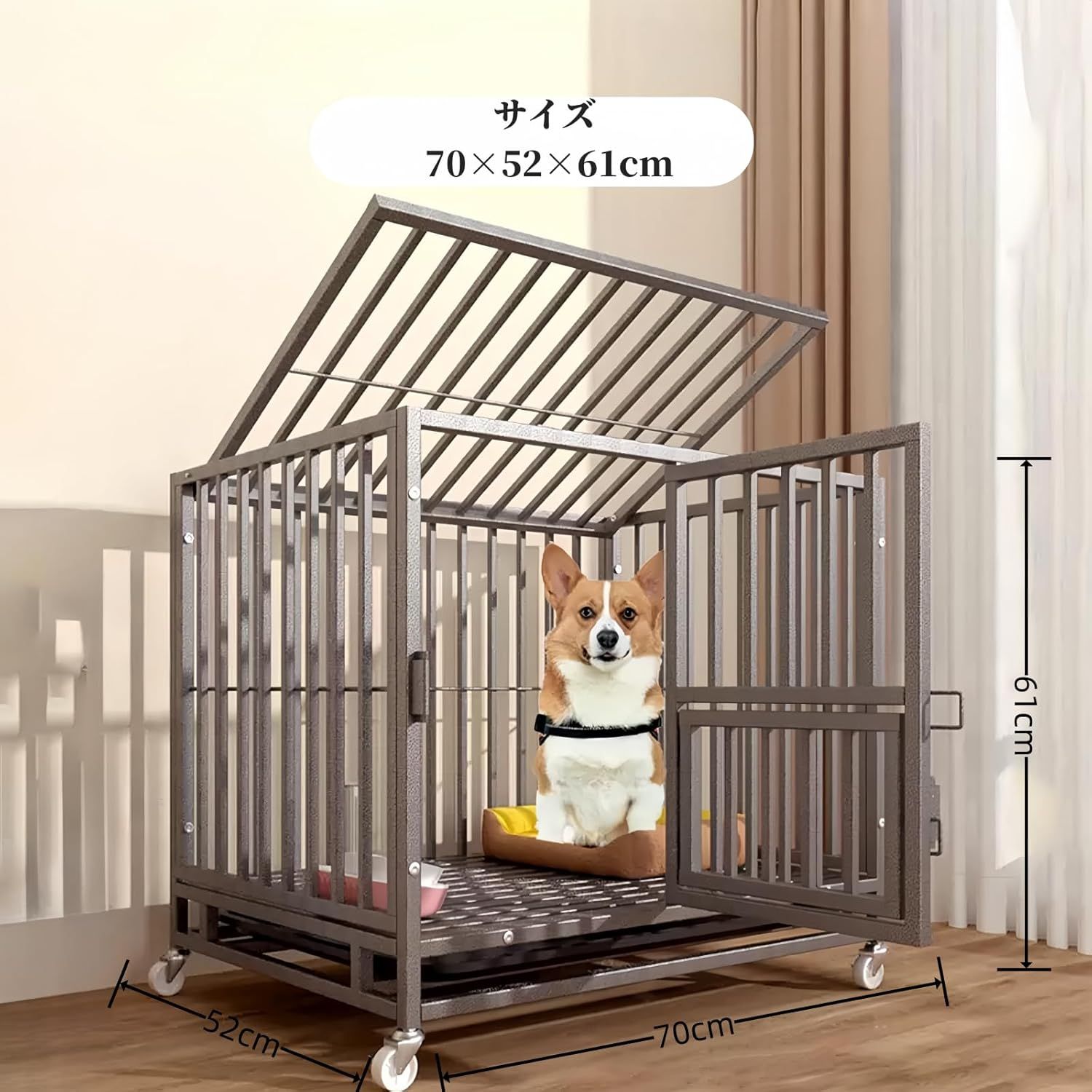 犬ケージ ペットケージ 犬小屋 ドッグクレート 猫ケージ キャスター付き 小型犬用 金属製 室内/屋外 トレー/屋根付き 頑丈 脱走防止 小型犬/中型犬 70×52×61cm