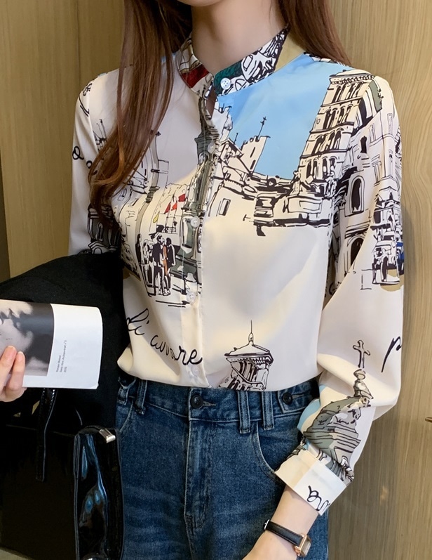 【送料無料】レディース シャツ 柄 プリント ブラウス 大人可愛い ママコーデ