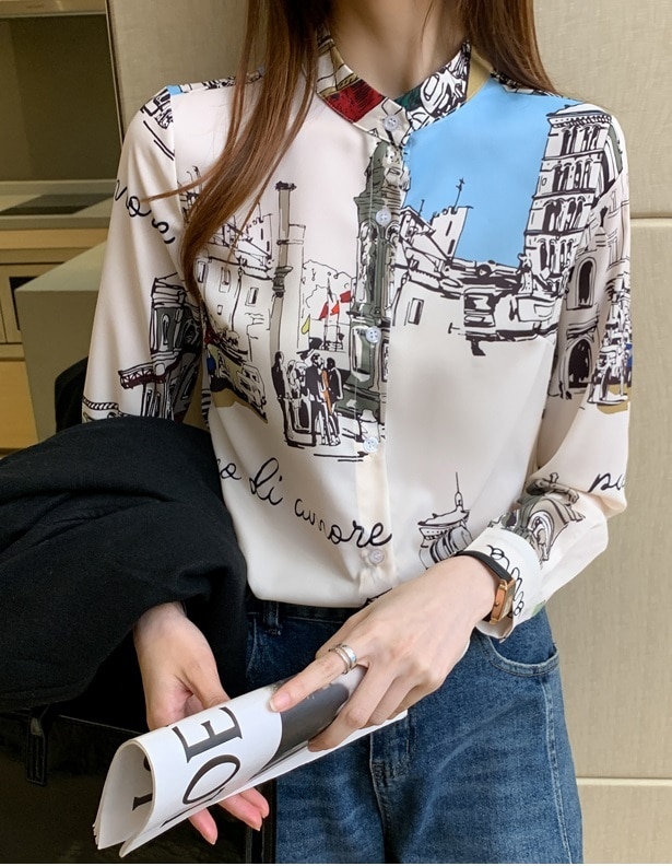 【送料無料】レディース シャツ 柄 プリント ブラウス 大人可愛い ママコーデ