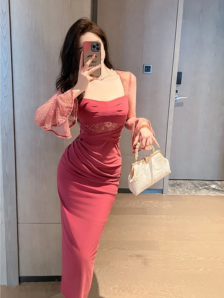 秋冬 レース ロングワンピース セクシー フリル パーティードレス キャバ 着痩せ 大人 同窓会