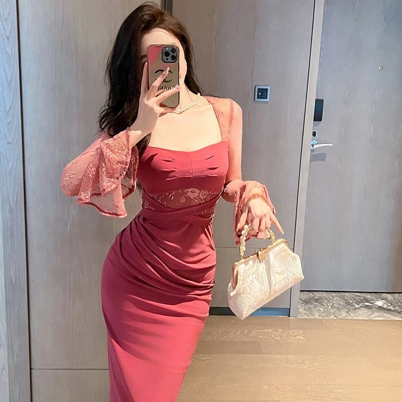 秋冬 レース ロングワンピース セクシー フリル パーティードレス キャバ 着痩せ 大人 同窓会