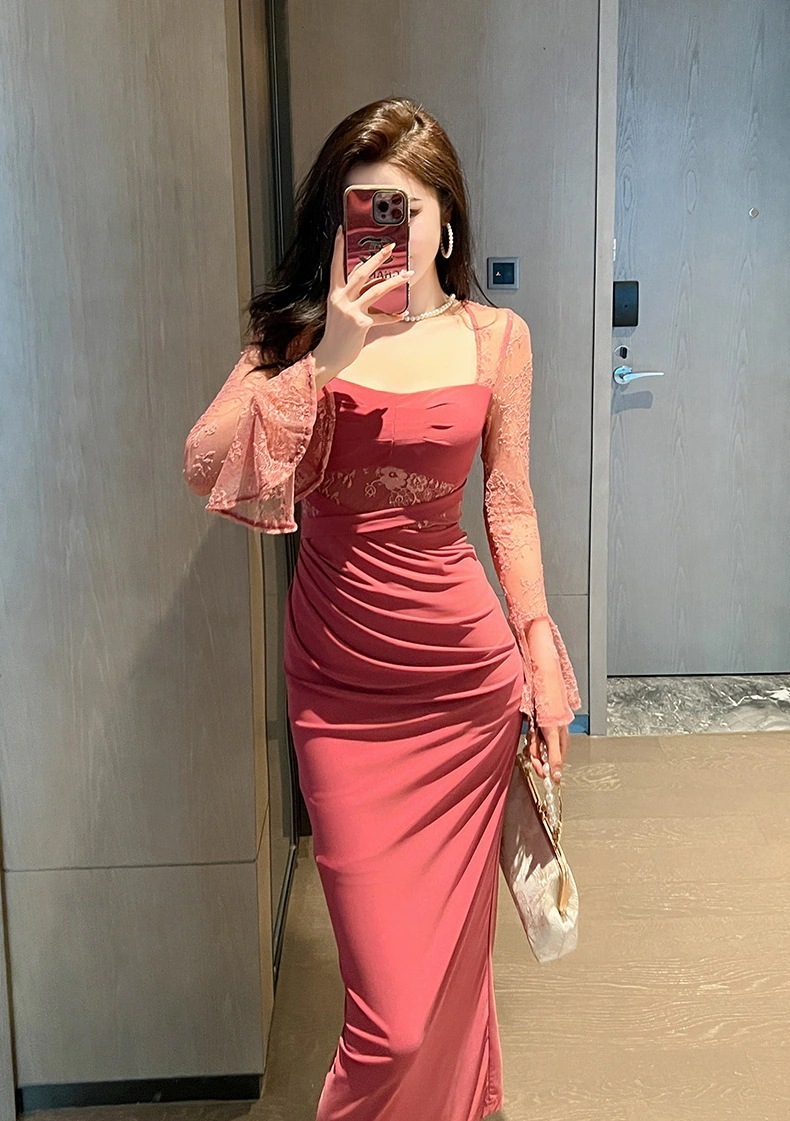 秋冬 レース ロングワンピース セクシー フリル パーティードレス キャバ 着痩せ 大人 同窓会