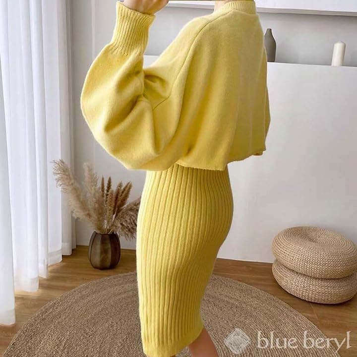 ワンピース ニット セットアップ レディース 膝下丈 ニットプルオーバー ドルマンスリーブ 丸首( イエロー, XL)