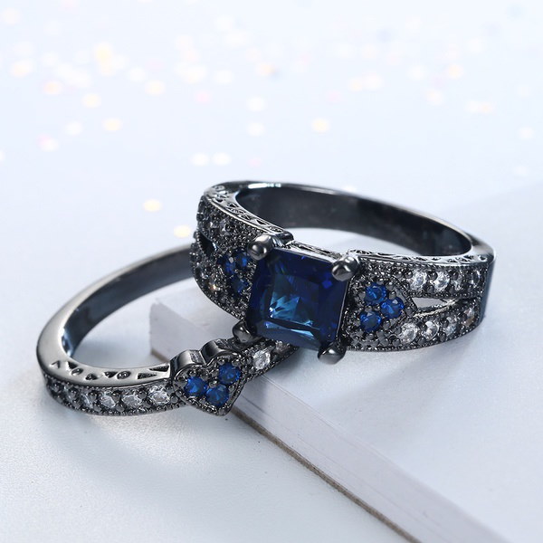シャイニングファッション女性のジュエリーブラックゴールドキュービックジルコニア宝石結婚指輪セットSZ 7-9 シャイニングファッション女性のジュエリーブラックゴールドキュービックジルコニア宝石結婚指輪セットSZ 7-9