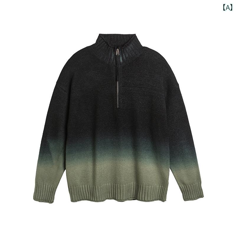 セーター メンズ レディース ニット トップス 秋冬 ハーフジップ グラデーション スタンドカラー ファッション カジュアル アメリカン ブラック グレー グリーン
