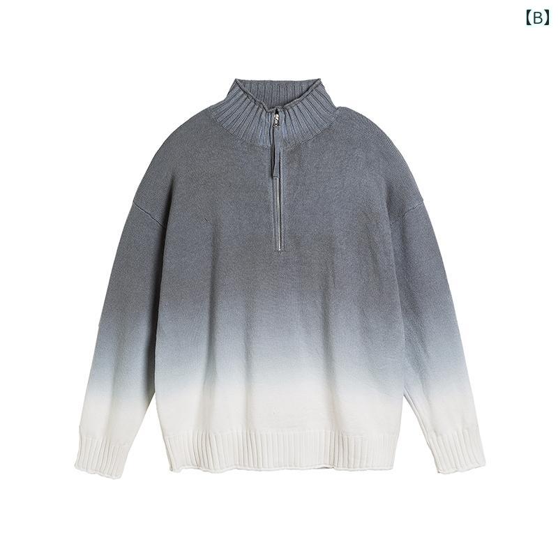 セーター メンズ レディース ニット トップス 秋冬 ハーフジップ グラデーション スタンドカラー ファッション カジュアル アメリカン ブラック グレー グリーン