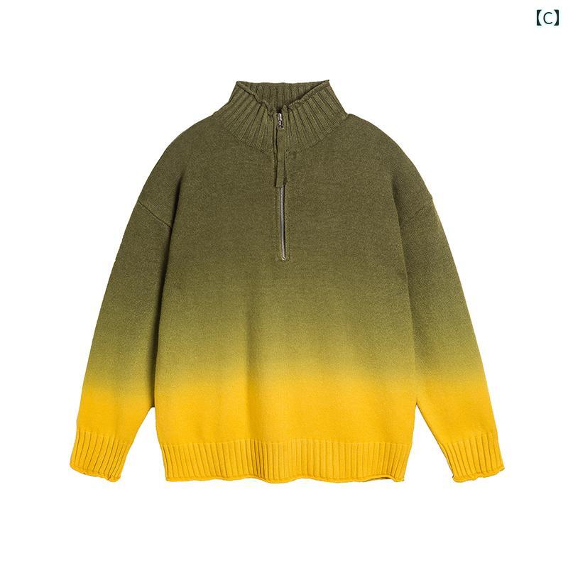 セーター メンズ レディース ニット トップス 秋冬 ハーフジップ グラデーション スタンドカラー ファッション カジュアル アメリカン ブラック グレー グリーン