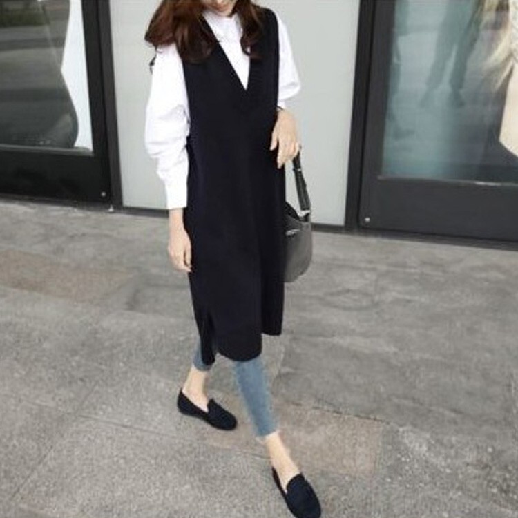 トップス プルオーバー ベスト 膝丈 ひざ丈 袖なし ノースリーブ Vネック Iライン サイドスリット ニット カジュアル おしゃれ お洒落 大人女子 こなれ感 無地 秋 10代 20代 30代