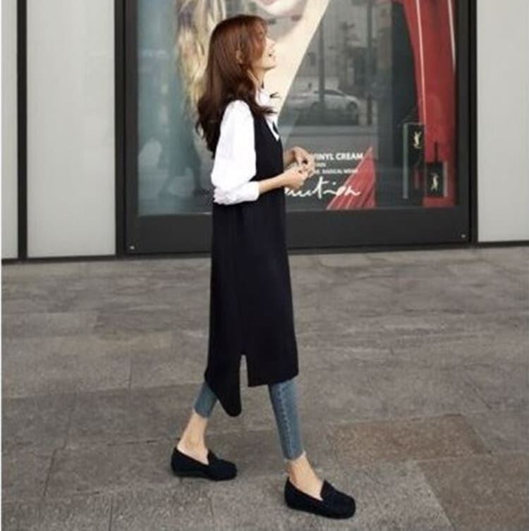 トップス プルオーバー ベスト 膝丈 ひざ丈 袖なし ノースリーブ Vネック Iライン サイドスリット ニット カジュアル おしゃれ お洒落 大人女子 こなれ感 無地 秋 10代 20代 30代