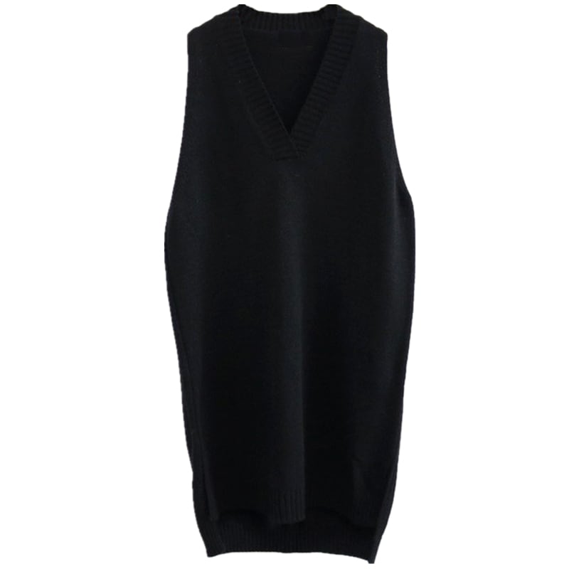 トップス プルオーバー ベスト 膝丈 ひざ丈 袖なし ノースリーブ Vネック Iライン サイドスリット ニット カジュアル おしゃれ お洒落 大人女子 こなれ感 無地 秋 10代 20代 30代