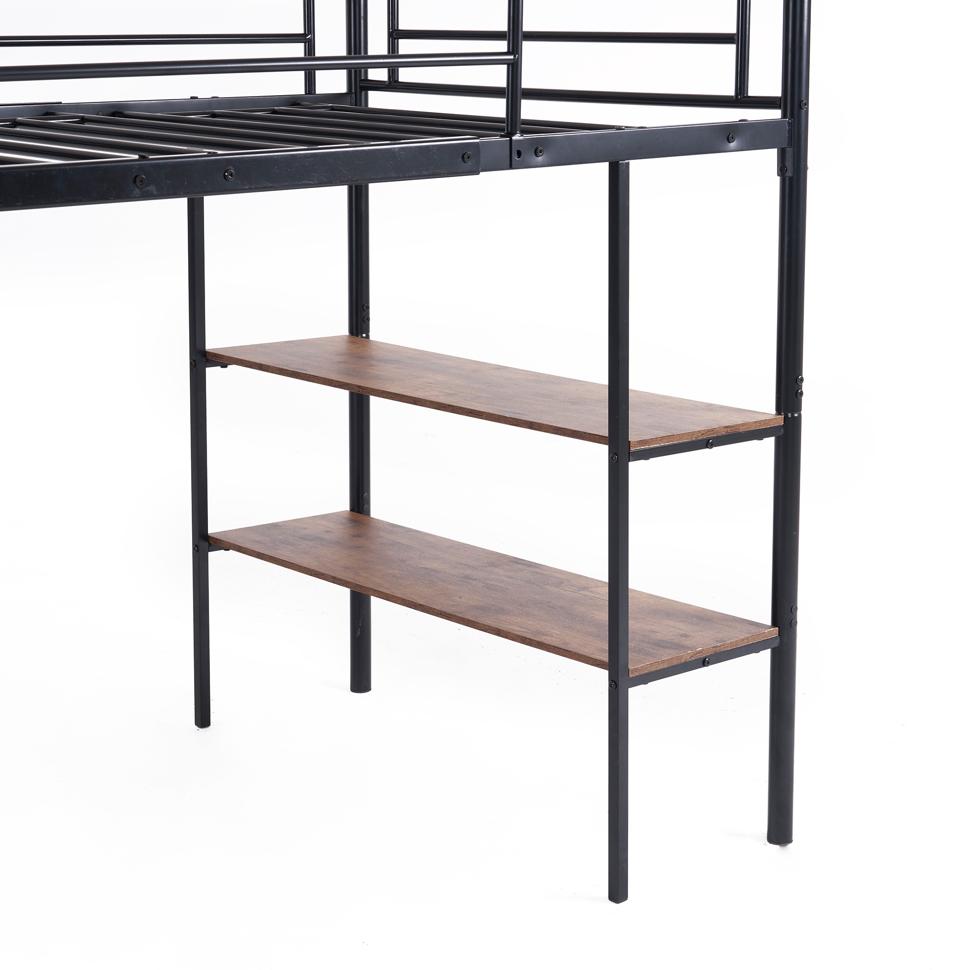 ブラック】ロフトベッド パイプベッド サイド棚付き シングルベッド木