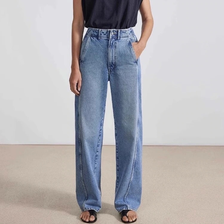 女性用スロージーンズ2025春秋ハイウエストカーブサイドシーム前方移動痩身トールストレートカジュアルパンツ