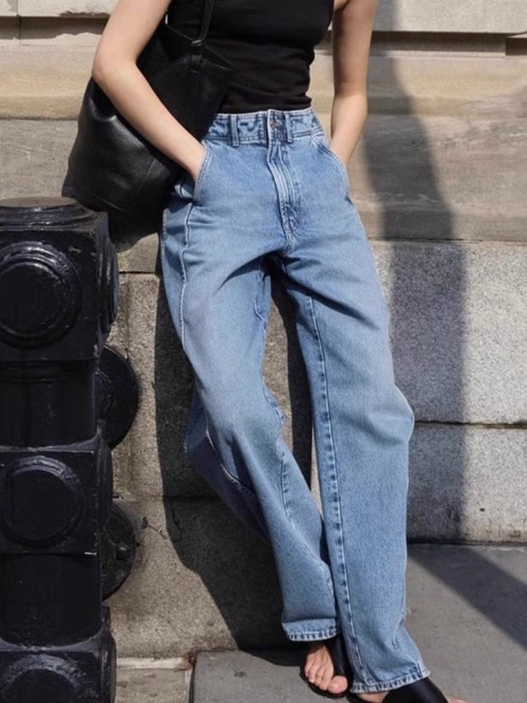女性用スロージーンズ2025春秋ハイウエストカーブサイドシーム前方移動痩身トールストレートカジュアルパンツ