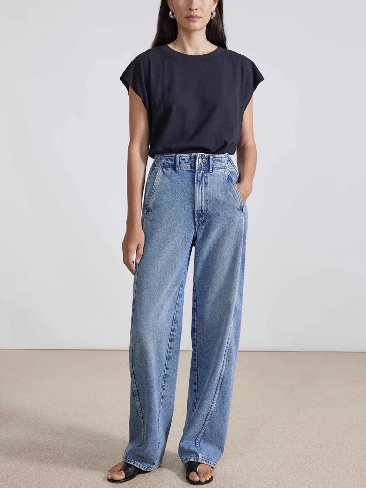 女性用スロージーンズ2025春秋ハイウエストカーブサイドシーム前方移動痩身トールストレートカジュアルパンツ