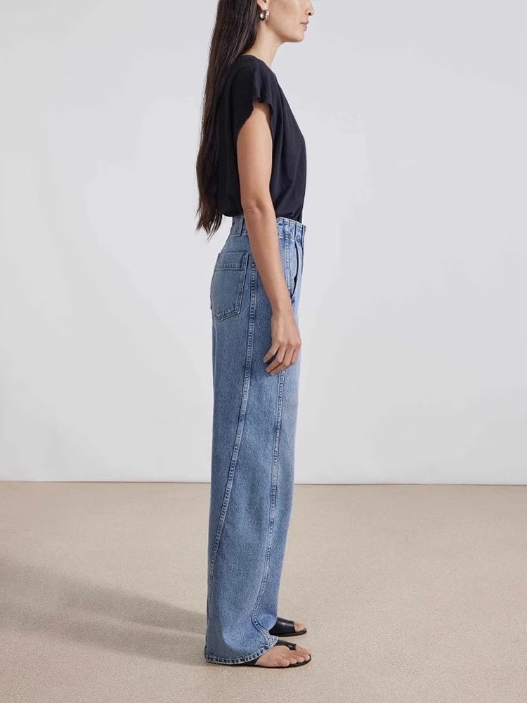 女性用スロージーンズ2025春秋ハイウエストカーブサイドシーム前方移動痩身トールストレートカジュアルパンツ