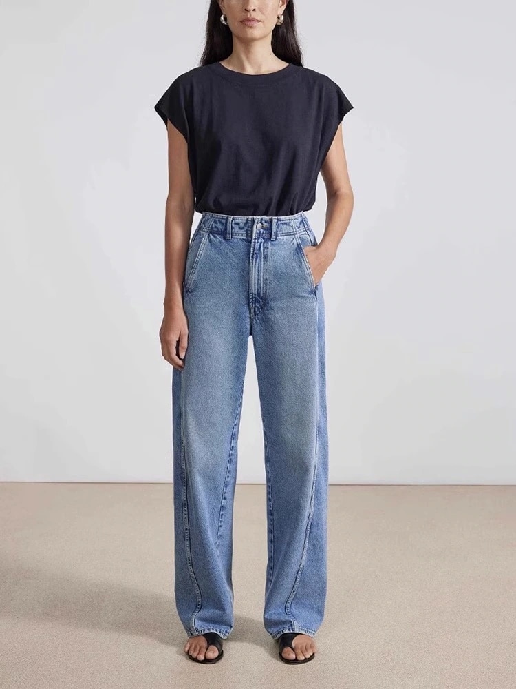 女性用スロージーンズ2025春秋ハイウエストカーブサイドシーム前方移動痩身トールストレートカジュアルパンツ