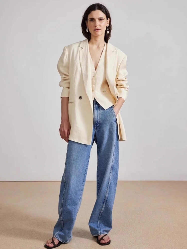 女性用スロージーンズ2025春秋ハイウエストカーブサイドシーム前方移動痩身トールストレートカジュアルパンツ