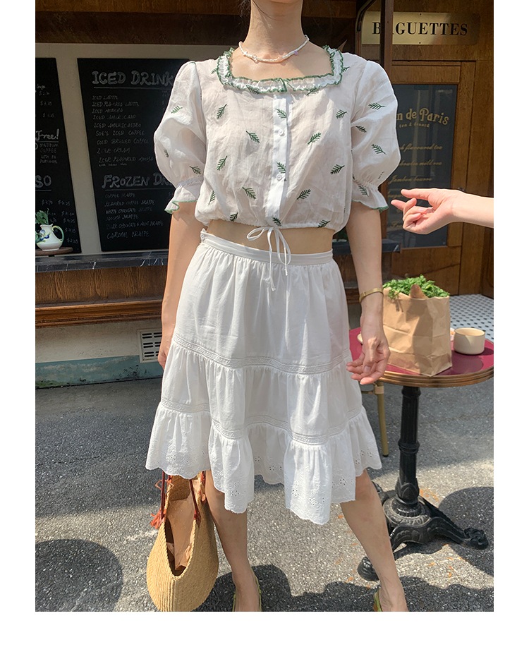 半袖 刺繍 ネクタイ スクエアカラー パフスリーブ 半袖 シャツ レディース 夏 フレンチ レトロ トップス ホワイト S M L トップス かわいい 大人可愛い きれいめ シンプル カジュアル 大人