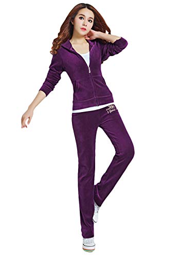 [BOFETA] ジョギング ホワイトデー おしゃれ シンプル ジャージ 便利ウェア 3Dレース 部屋着 パーカー プレゼント 着痩せ セットアップ 無地 クリスマス 光沢感 上下セット パープル X