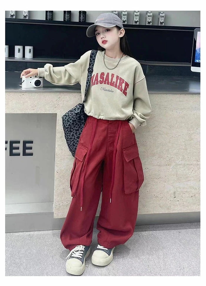 セットアップ キッズ 2点セット 春服 運動着 ジャージ 女の子 スポーツウェア 上下セット 新作 長袖 クルーカラー 英字 プリント ミリタリーパンツ ポケット