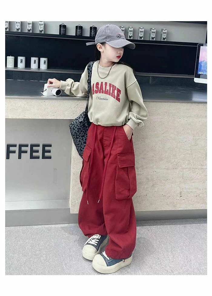 セットアップ キッズ 2点セット 春服 運動着 ジャージ 女の子 スポーツウェア 上下セット 新作 長袖 クルーカラー 英字 プリント ミリタリーパンツ ポケット