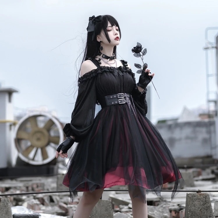 ガールキラー不規則ダークゴスロリスカートロリータドレス夏長袖 ガールキラー不規則ダークゴスロリスカートロリータドレス夏長袖