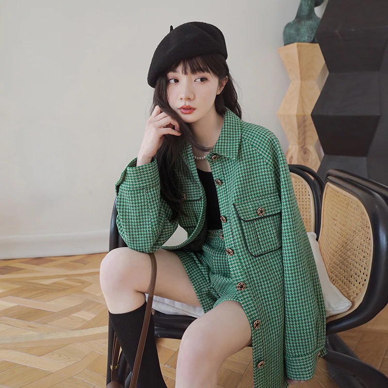 韓国レディーススーツセットカジュアルファッショントップスカーディガンミニスカートグリーンチェック柄福袋 韓国レディーススーツセットカジュアルファッショントップスカーディガンミニスカートグリーンチェック柄福袋