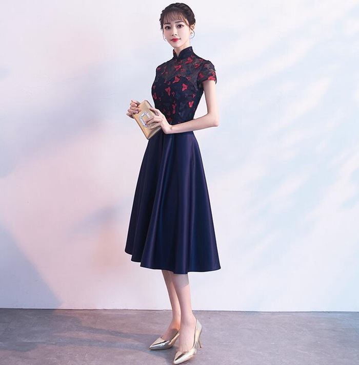 パーティードレス ミモレ丈 結婚式ドレス 蝶 花柄刺繍 チャイナドレス 詰襟 お呼ばれドレス 袖あり 袖 ニ次会 フォーマル セレブ 二次会 2次会 パーティードレス ミモレ丈 フォーマル