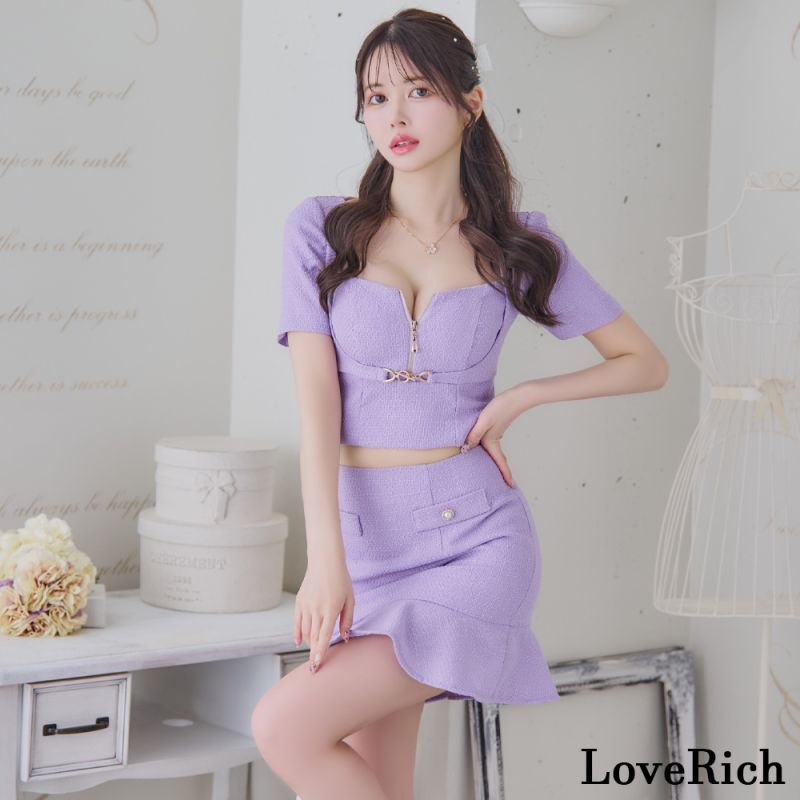 【SMLサイズ/3カラー】ツイード セットアップ ジップ 袖あり 背中隠し マーメイド 谷間魅せ パールボタン タイト ミニドレス キャバドレス [1248]