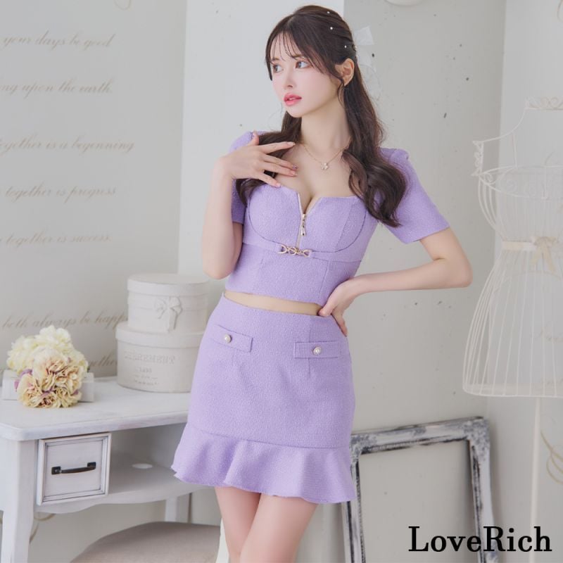 【SMLサイズ/3カラー】ツイード セットアップ ジップ 袖あり 背中隠し マーメイド 谷間魅せ パールボタン タイト ミニドレス キャバドレス [1248]