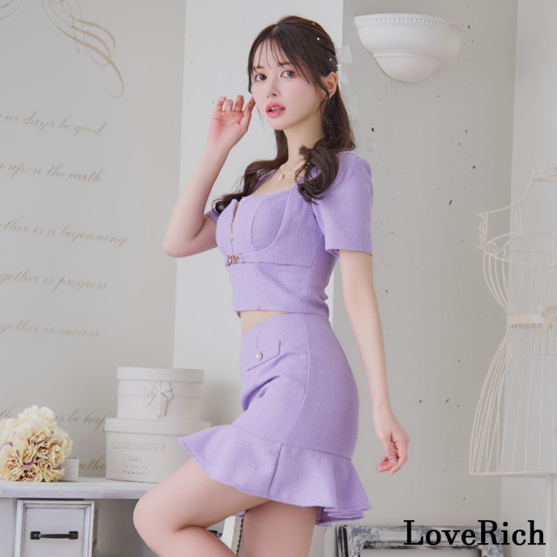 【SMLサイズ/3カラー】ツイード セットアップ ジップ 袖あり 背中隠し マーメイド 谷間魅せ パールボタン タイト ミニドレス キャバドレス [1248]