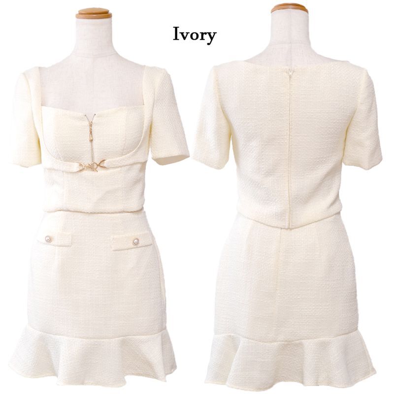 【SMLサイズ/3カラー】ツイード セットアップ ジップ 袖あり 背中隠し マーメイド 谷間魅せ パールボタン タイト ミニドレス キャバドレス [1248]