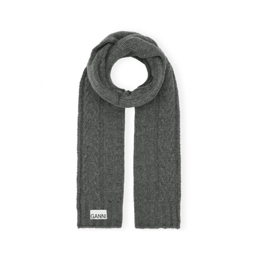 GANI 23FW ロゴパッチケーブルウールマフラーグレー A5364 523 GANI 23FW ロゴパッチケーブルウールマフラーグレー A5364 523