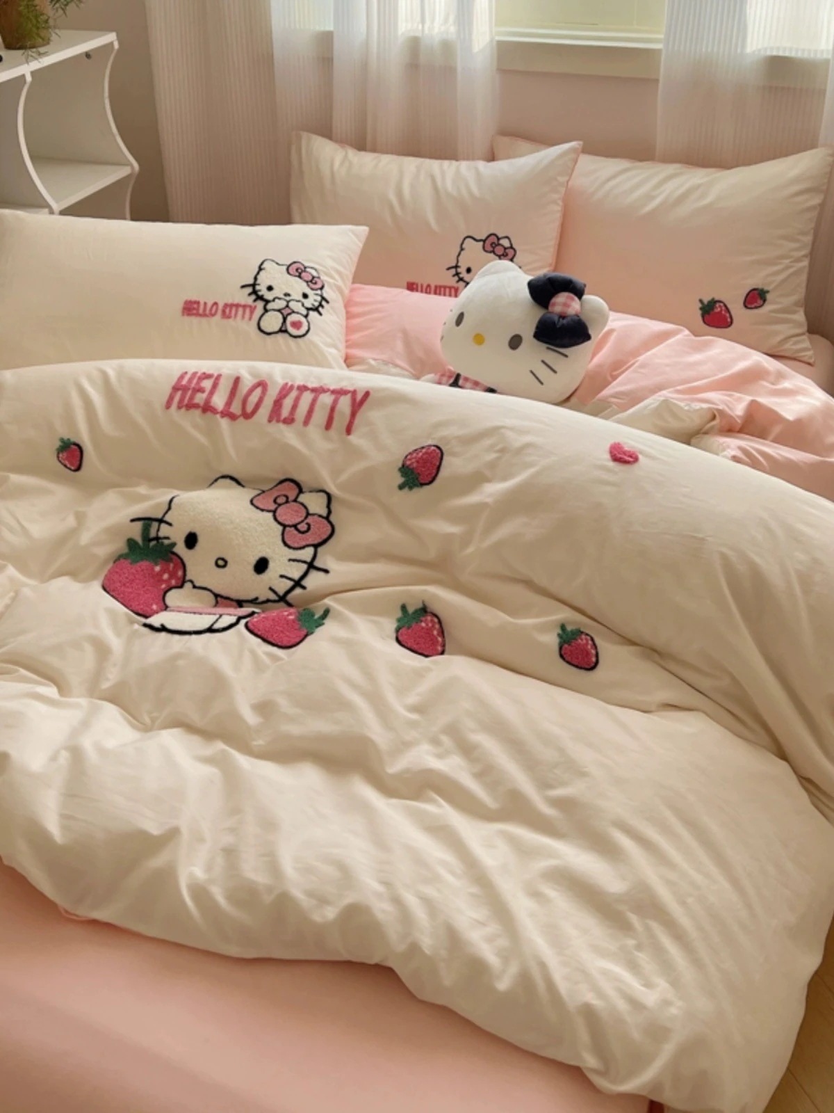 かわいいピンクのハロー4点コットンキルトカバーシートドミトリーベッド3点セットhello Kt