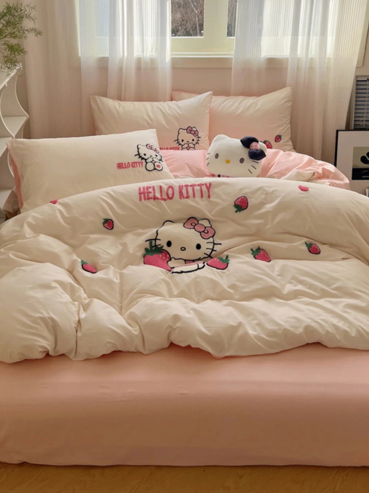 かわいいピンクのハロー4点コットンキルトカバーシートドミトリーベッド3点セットhello Kt