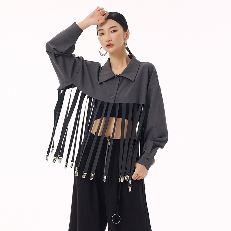 【J.Fashion】 フリンジ シャツ メタルボタン飾り おしゃれ レディース ブラウス 関連商品購入可能 メガ割