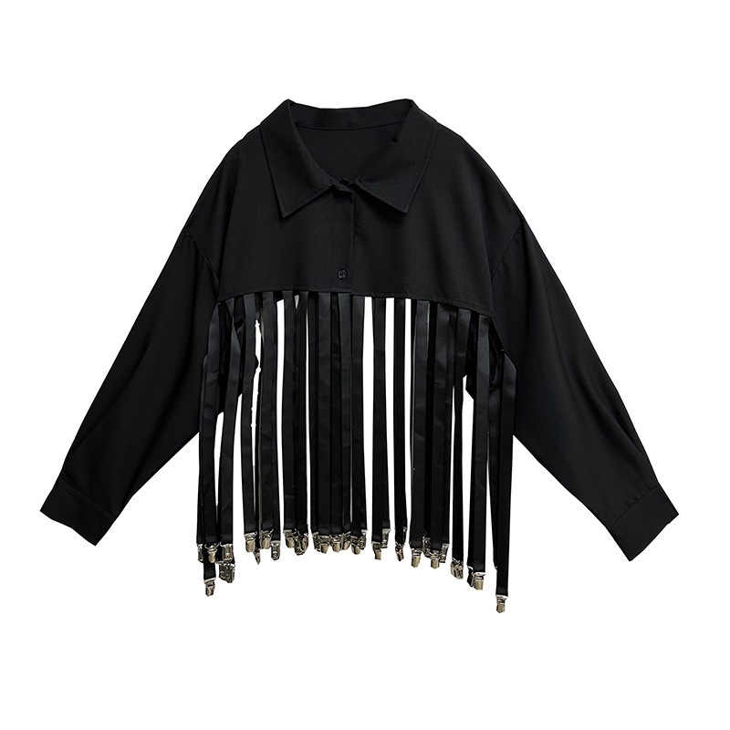 【J.Fashion】 フリンジ シャツ メタルボタン飾り おしゃれ レディース ブラウス 関連商品購入可能 メガ割