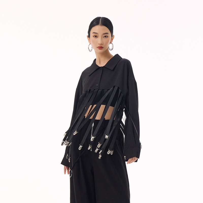 【J.Fashion】 フリンジ シャツ メタルボタン飾り おしゃれ レディース ブラウス 関連商品購入可能 メガ割