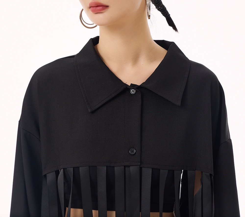 【J.Fashion】 フリンジ シャツ メタルボタン飾り おしゃれ レディース ブラウス 関連商品購入可能 メガ割