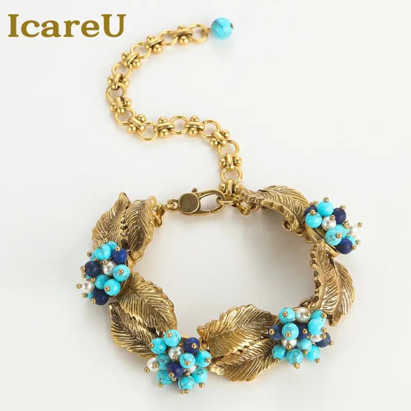 IcareU ヴィンテージチャームビーズブレスレット女性のためのフラワーパール手作りアンティークゴールドカラーリーフ高級品質デザイナー 2025 IcareU ヴィンテージチャームビーズブレスレット女性のためのフラワーパール手作りアンティークゴールドカラーリーフ高級品質デザイナー 2025