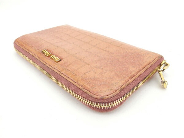 長財布 ラウンドファスナー クロコダイル調 ピンク ゴールド 中古