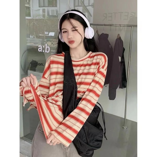 Qoo10] ロンT 秋の新作ゆったりストライプ長袖T