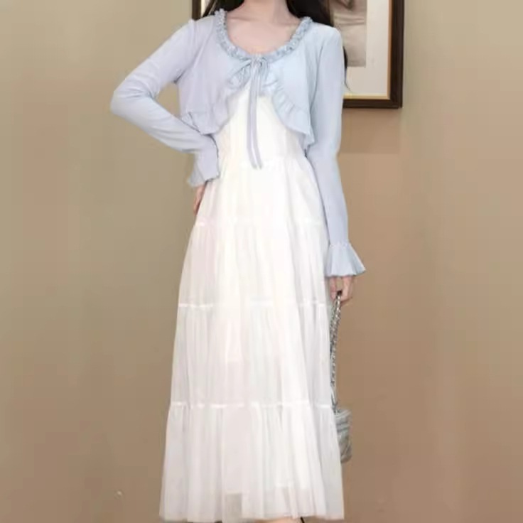 母の日のプレゼントワンピース2025新作初春スタイル優しい気質ロングサスペンダードレス長袖カーディガンツーピーススーツ小柄な人向け 母の日のプレゼントワンピース2025新作初春スタイル優しい気質ロングサスペンダードレス長袖カーディガンツーピーススーツ小柄な人向け