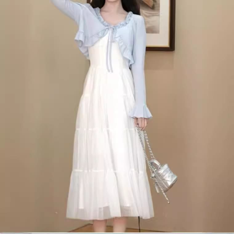 母の日のプレゼントワンピース2025新作初春スタイル優しい気質ロングサスペンダードレス長袖カーディガンツーピーススーツ小柄な人向け 母の日のプレゼントワンピース2025新作初春スタイル優しい気質ロングサスペンダードレス長袖カーディガンツーピーススーツ小柄な人向け