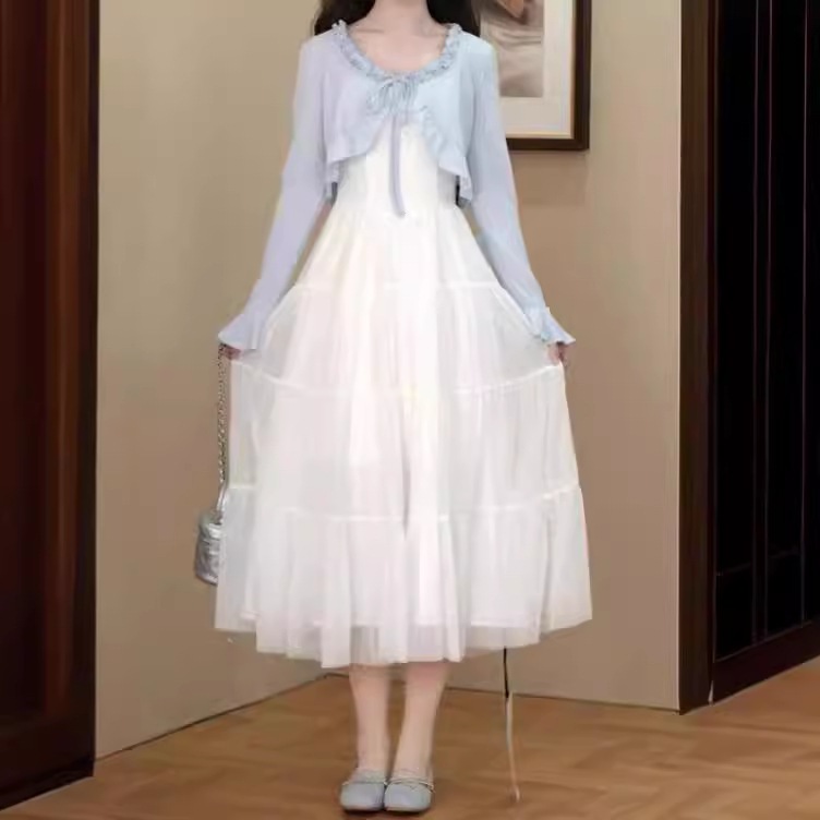 母の日のプレゼントワンピース2025新作初春スタイル優しい気質ロングサスペンダードレス長袖カーディガンツーピーススーツ小柄な人向け 母の日のプレゼントワンピース2025新作初春スタイル優しい気質ロングサスペンダードレス長袖カーディガンツーピーススーツ小柄な人向け