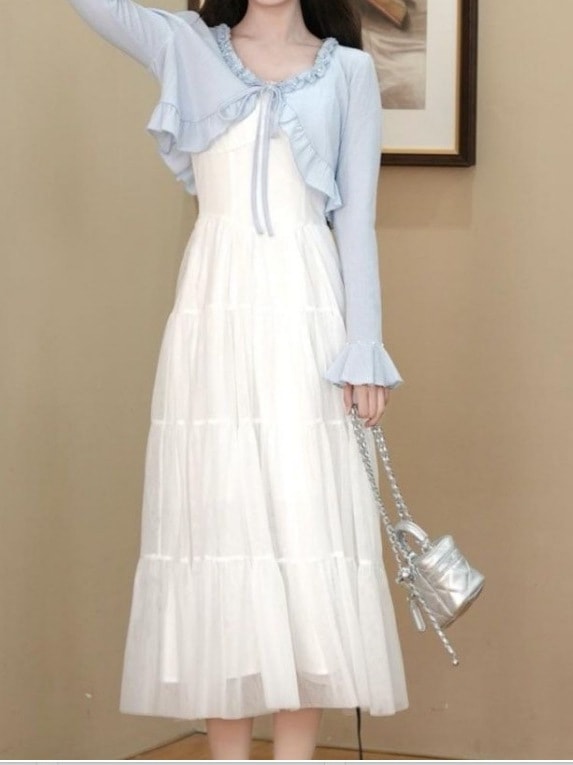 母の日のプレゼントワンピース2025新作初春スタイル優しい気質ロングサスペンダードレス長袖カーディガンツーピーススーツ小柄な人向け 母の日のプレゼントワンピース2025新作初春スタイル優しい気質ロングサスペンダードレス長袖カーディガンツーピーススーツ小柄な人向け