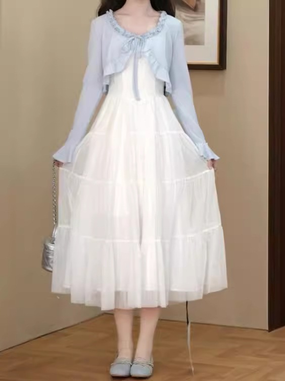 母の日のプレゼントワンピース2025新作初春スタイル優しい気質ロングサスペンダードレス長袖カーディガンツーピーススーツ小柄な人向け 母の日のプレゼントワンピース2025新作初春スタイル優しい気質ロングサスペンダードレス長袖カーディガンツーピーススーツ小柄な人向け